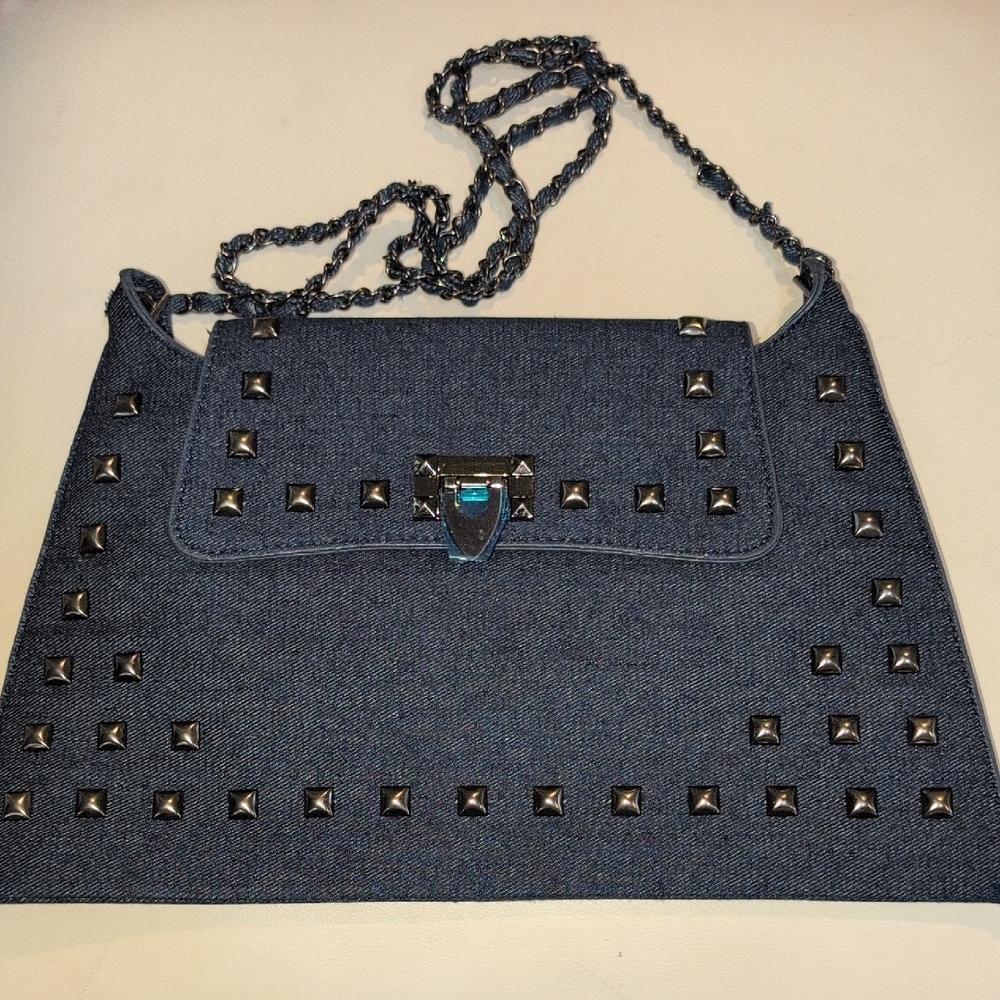 Studded Denim Chain Shoulder Bag - Picture 1 of 10